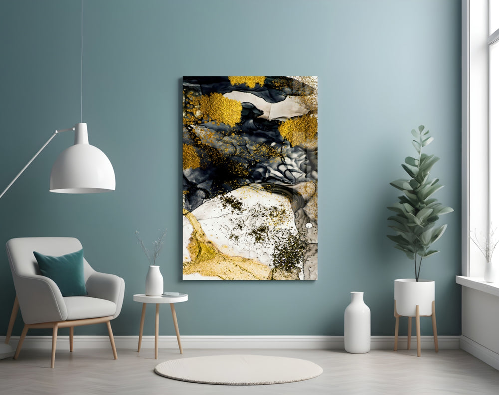 Dance of Yellow glass wall art styled above a vanity in a powder room