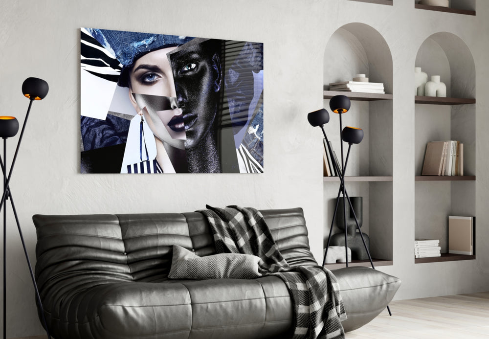 Abstract Woman Portrait glass wall art styled above a desk in a creative office
