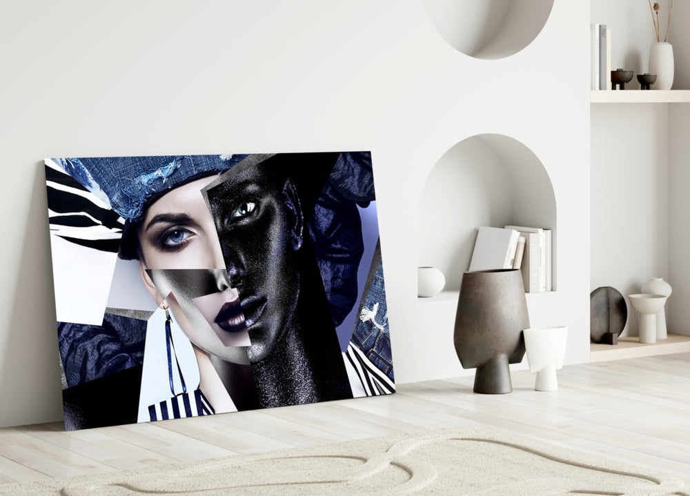 Close-up detail of porcelain and charcoal twins with denim swatches