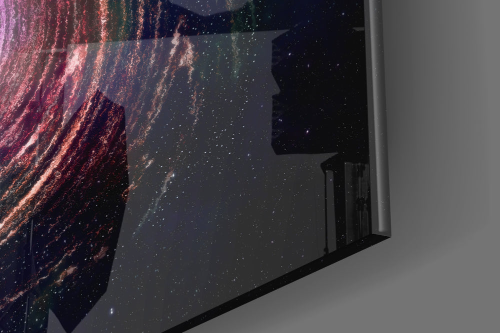 Milky Way artwork anchoring a wall with moody cosmic palette