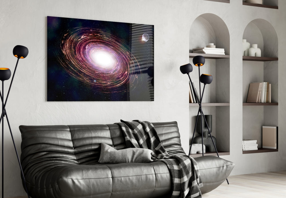 Milky Way glass wall art styled above a desk in an explorer's study
