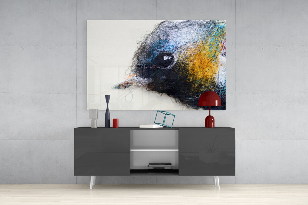 Tiny Bird panel catching gallery light to reveal its tactile filament
