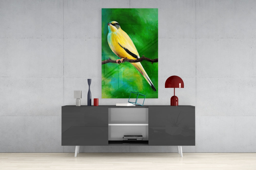 Yellow Vine Bird panel catching gallery light to reveal its tactile stroke