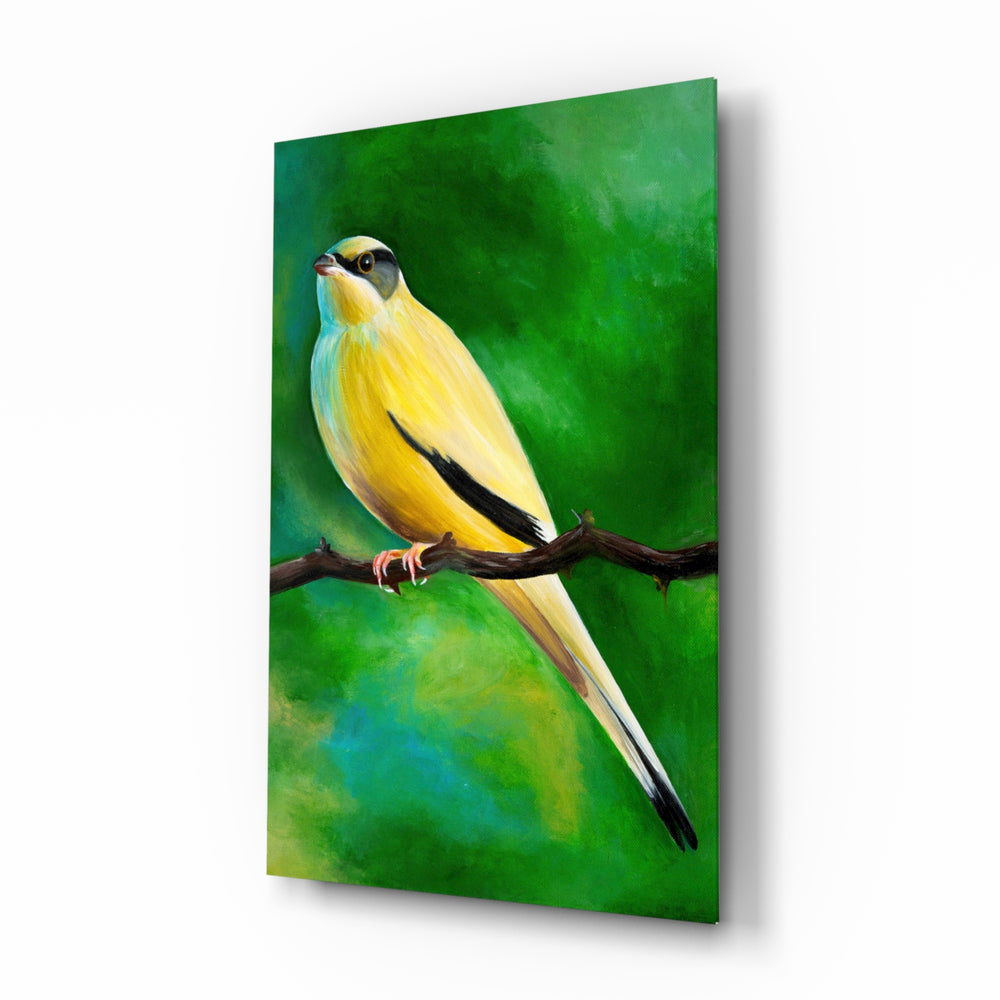 Yellow Vine Bird glass wall art displayed above a console in a designer interior