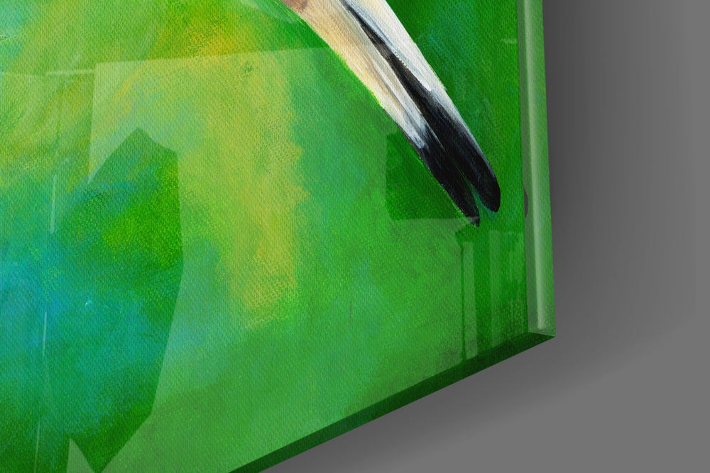 Yellow Vine Bird artwork anchoring a wall with bright garden palette