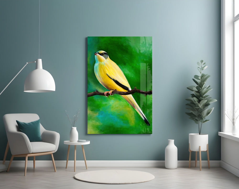 Yellow Vine Bird glass wall art styled above a desk in a child's room
