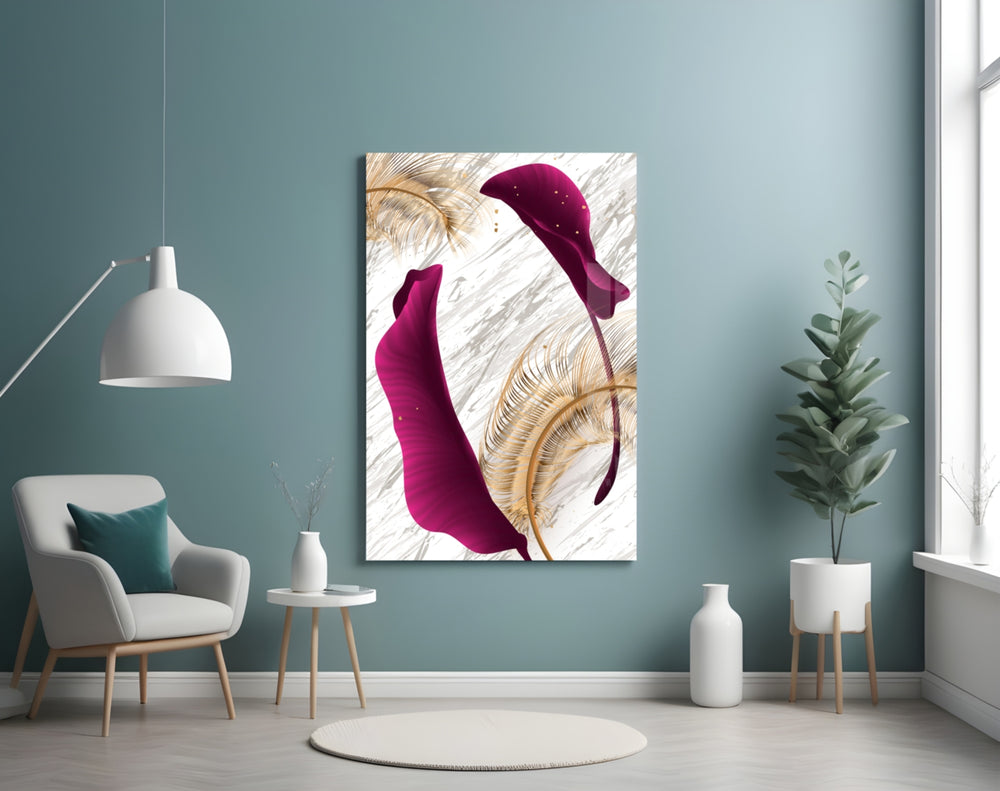 Burgundy Leaves glass wall art styled above a vanity in a powder room