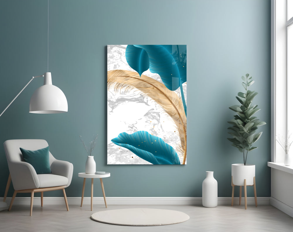 Turquoise Leaves glass wall art styled above a vanity in a powder room