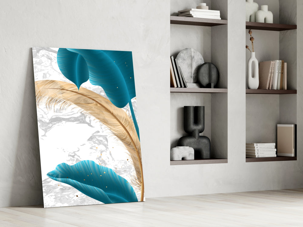 Turquoise Leaves glass print enhancing a foyer with botanical spirit
