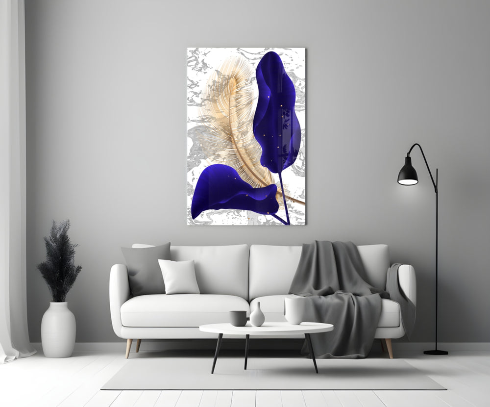 Close-up detail of indigo calla against gold-line fern