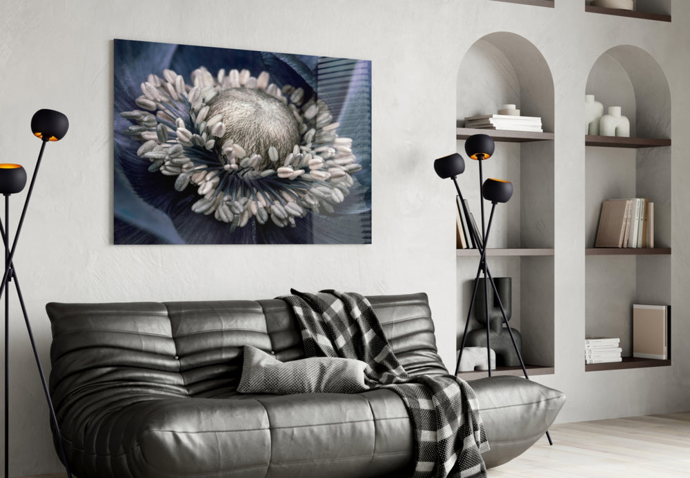 Gray Flower glass wall art styled above a vanity in a powder room