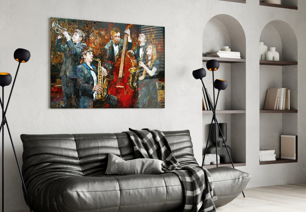 Music Group glass wall art styled above a piano in a music room