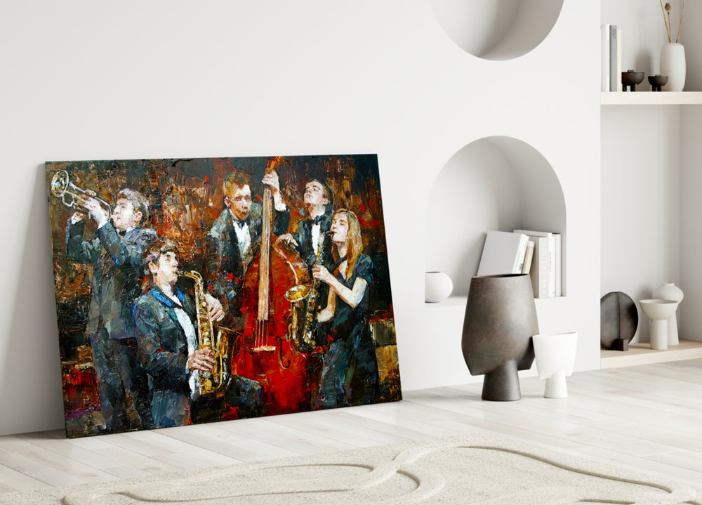 Close-up detail of double-bass and saxophones in impasto