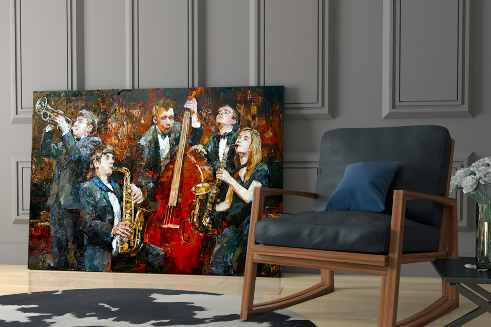 Music Group glass print enhancing a lounge with after-hours spirit