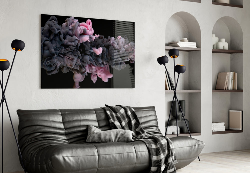 Pink Smoke glass wall art styled above a vanity in a powder room