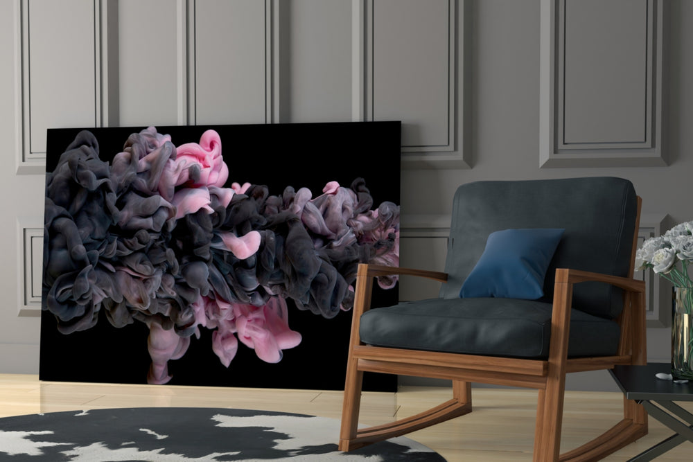 Pink Smoke glass print enhancing a lounge with after-hours drama
