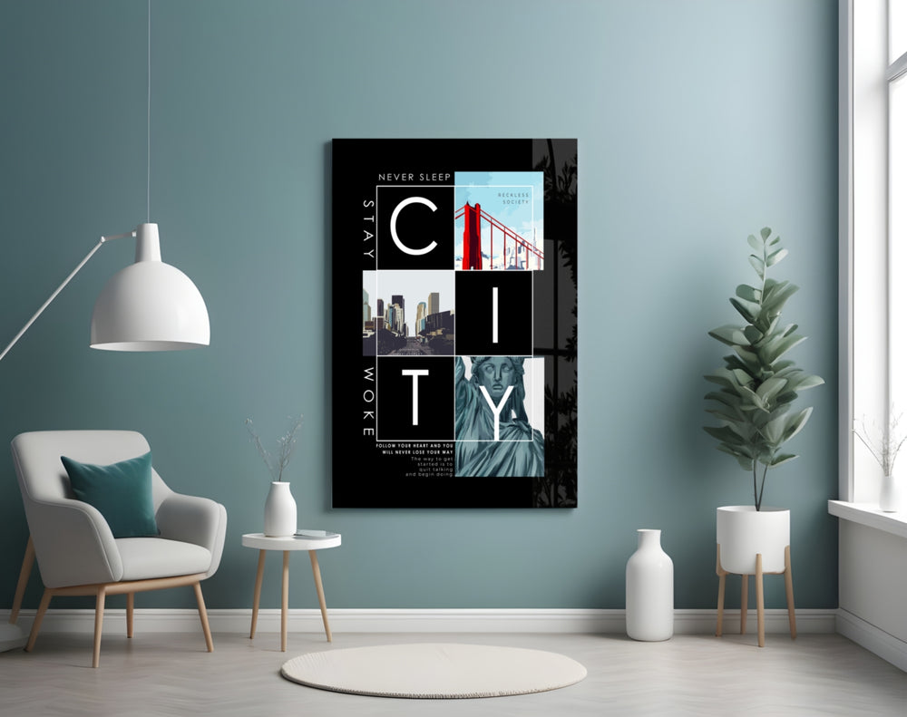 City glass wall art styled above a desk in a teen room