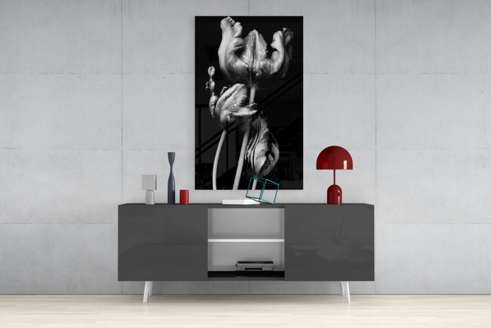 Black and White Flowers panel catching gallery light to reveal its tactile fold