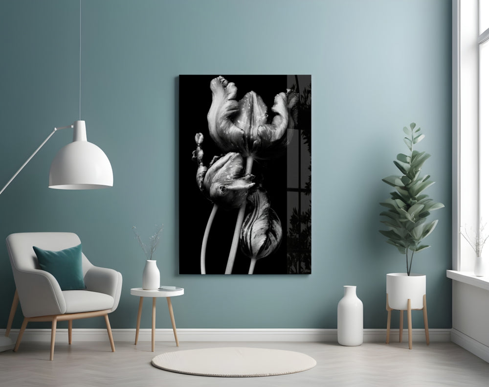 Black and White Flowers glass wall art styled above a vanity in a powder room