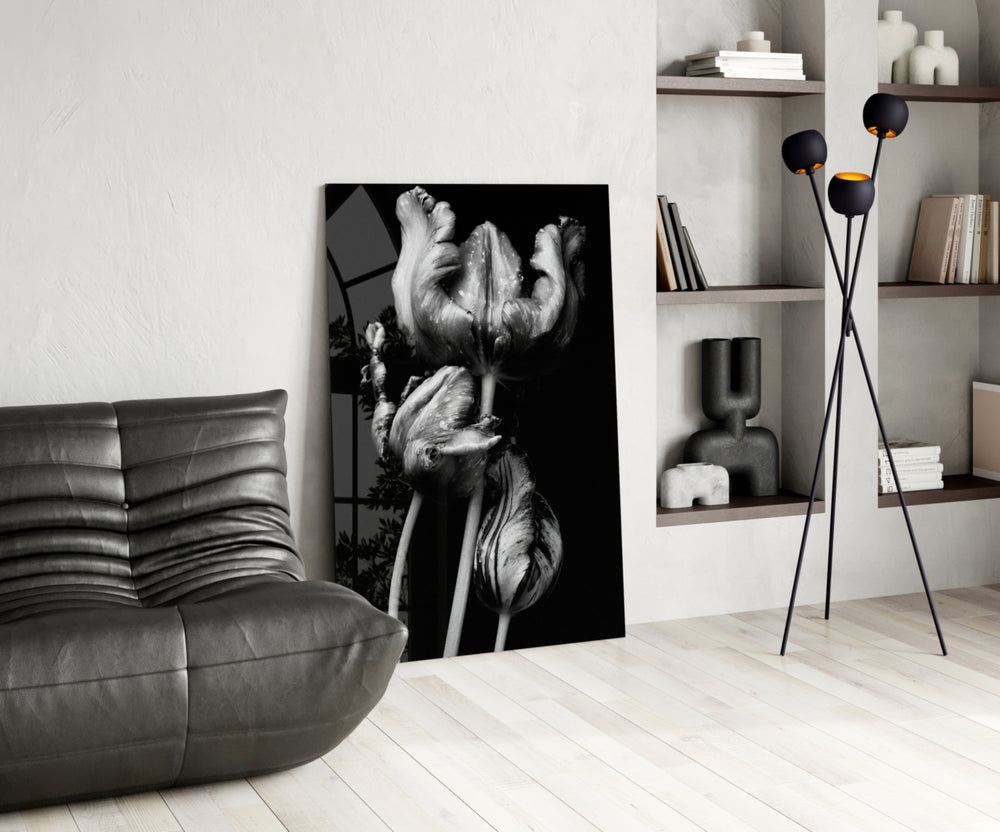 Black and White Flowers panel adding editorial mood to a bedroom