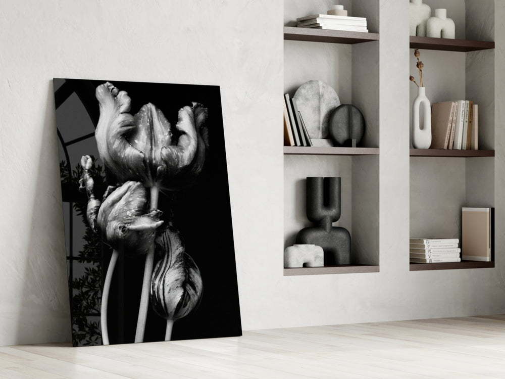 Black and White Flowers glass print enhancing a foyer with statement drama