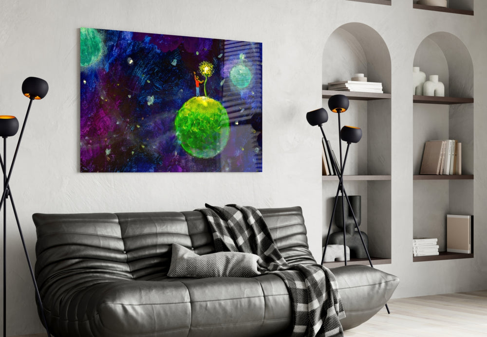 The Little Prince glass wall art styled above a bed in a child's room