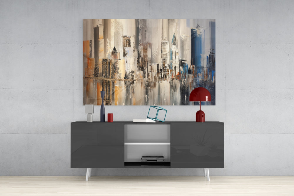Abstract City panel catching gallery light to reveal its tactile drip