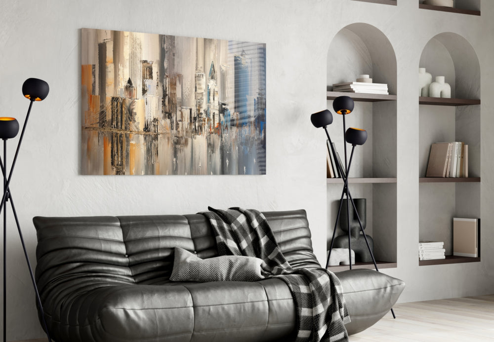 Abstract City glass wall art styled above a desk in a study