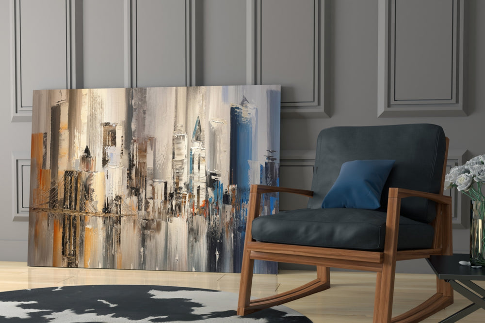 Abstract City glass print enhancing a foyer with editorial drama