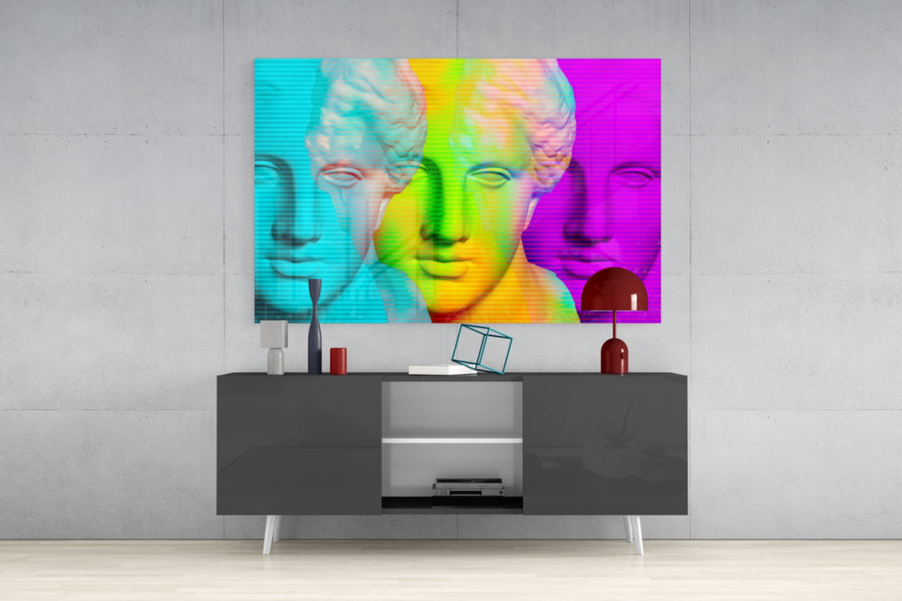 Colorful Statues panel catching gallery light to reveal its tactile glitch