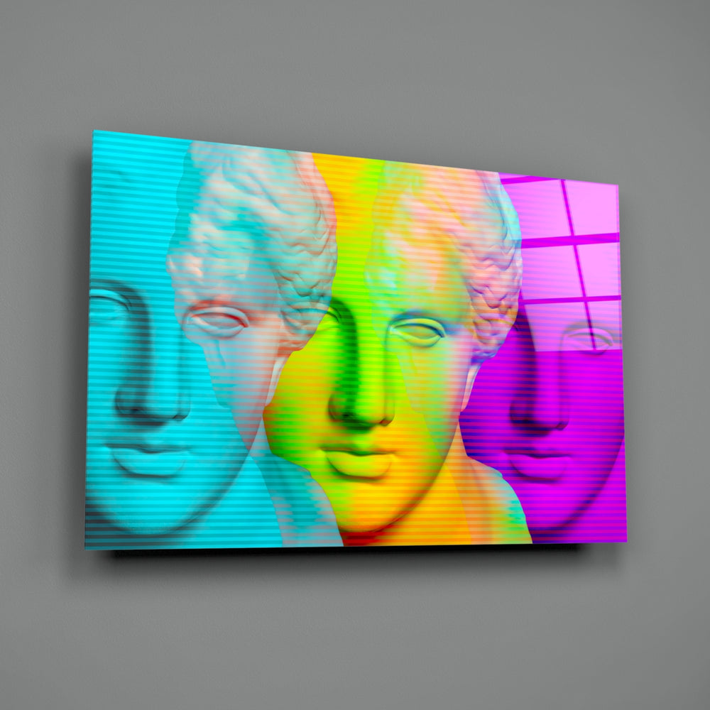 Glitch-statue panel bringing vaporwave drama to a contemporary living space