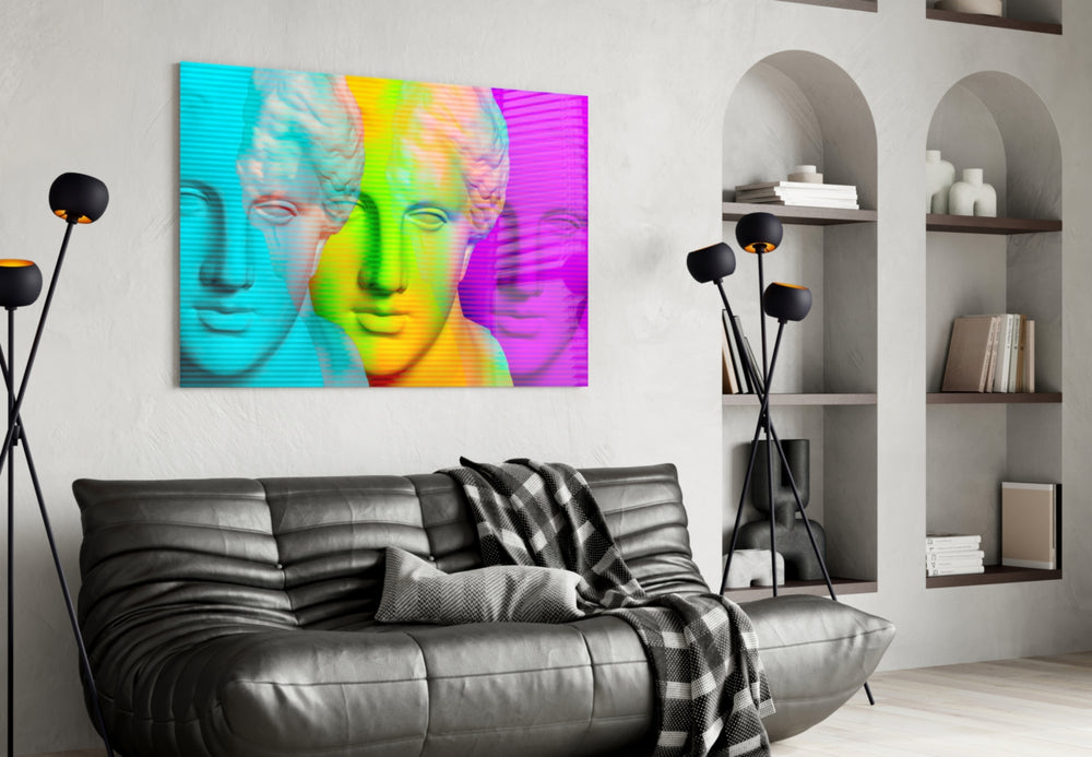 Colorful Statues glass wall art styled above a desk in a teen room