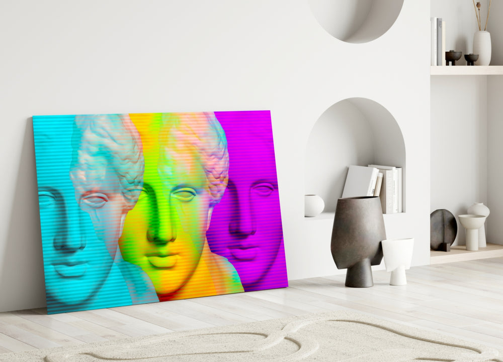 Close-up detail of cyan-lime-magenta scanlines across Apollo busts