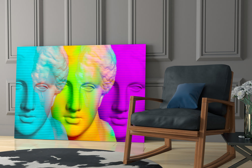 Colorful Statues glass print enhancing a foyer with editorial drama