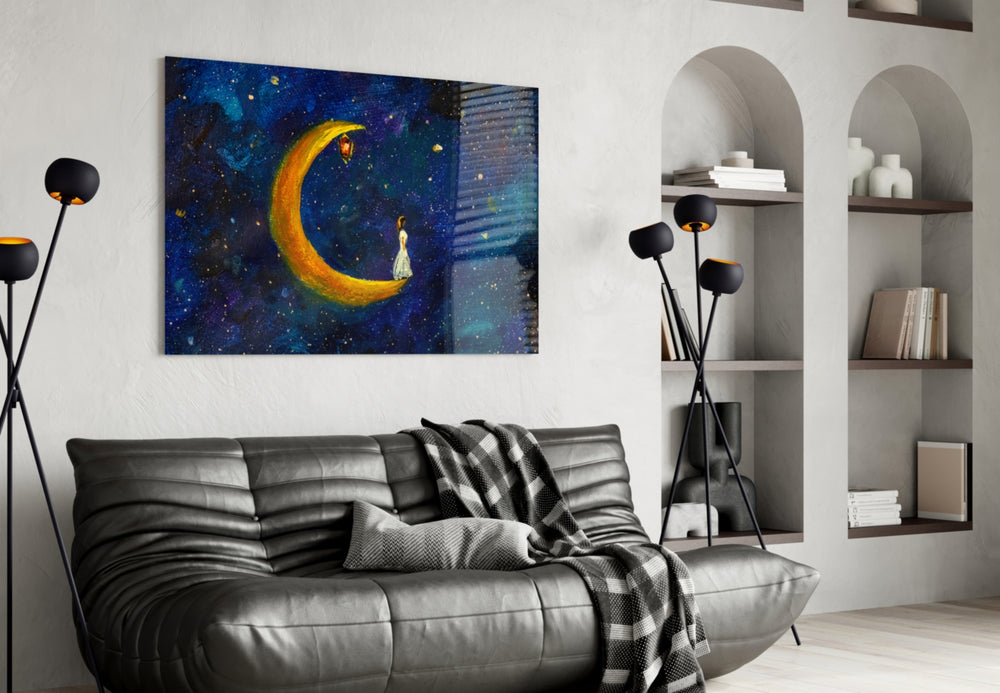 Moon House glass wall art styled above a bed in a child's room