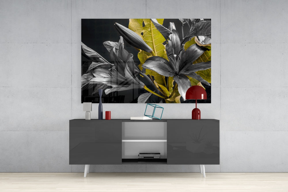 Flowers panel catching gallery light to reveal its tactile sheen