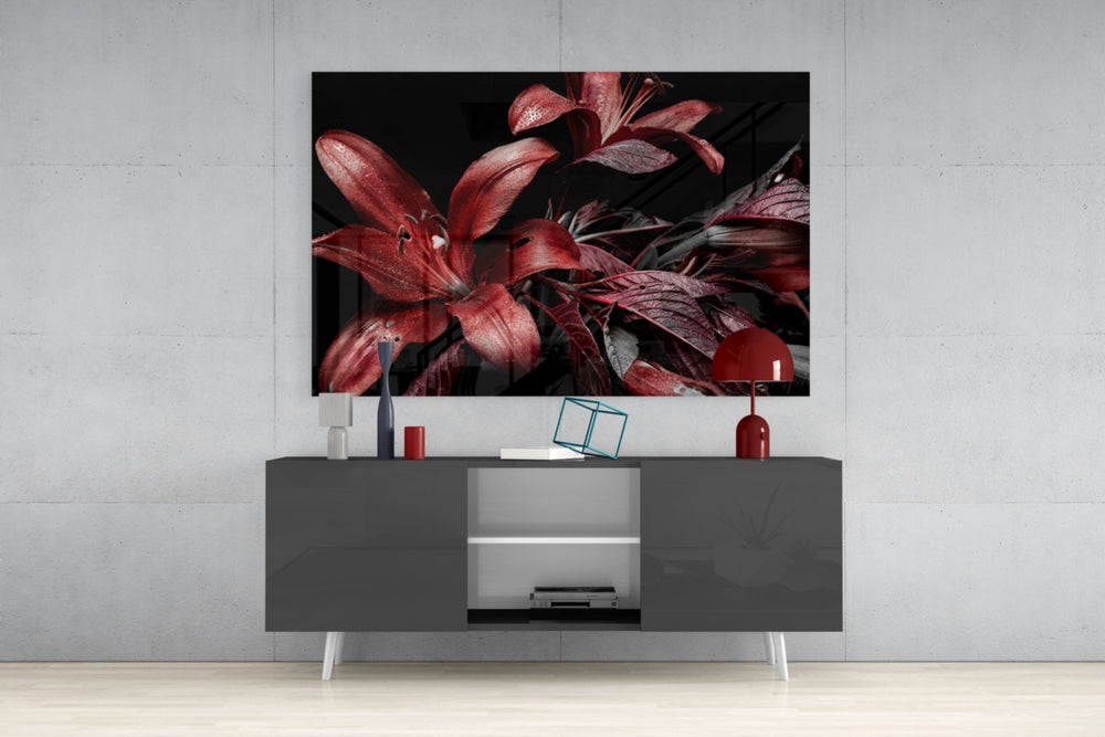 Flowers panel catching gallery light to reveal its tactile dewdrop