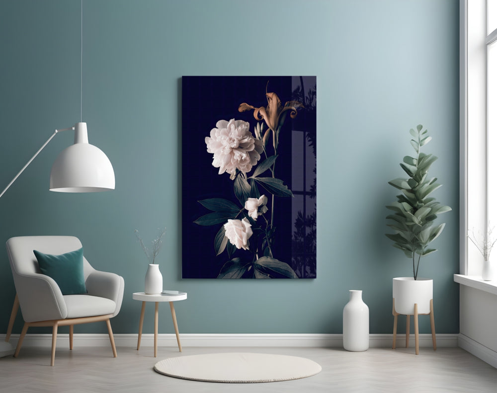 White Rose glass wall art styled above a sideboard in a dining room
