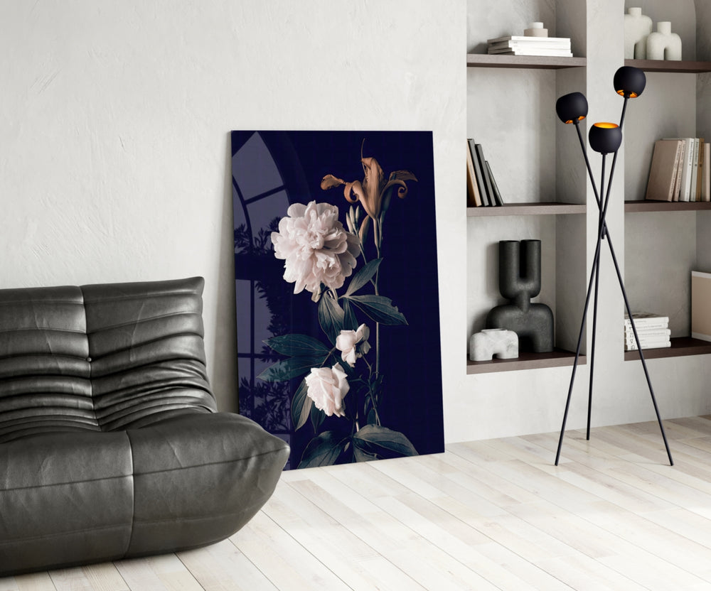 White Rose panel adding editorial mood to a powder room