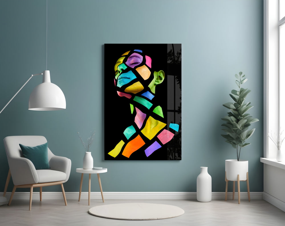 Colorful Spirit glass wall art styled above a desk in a creative office