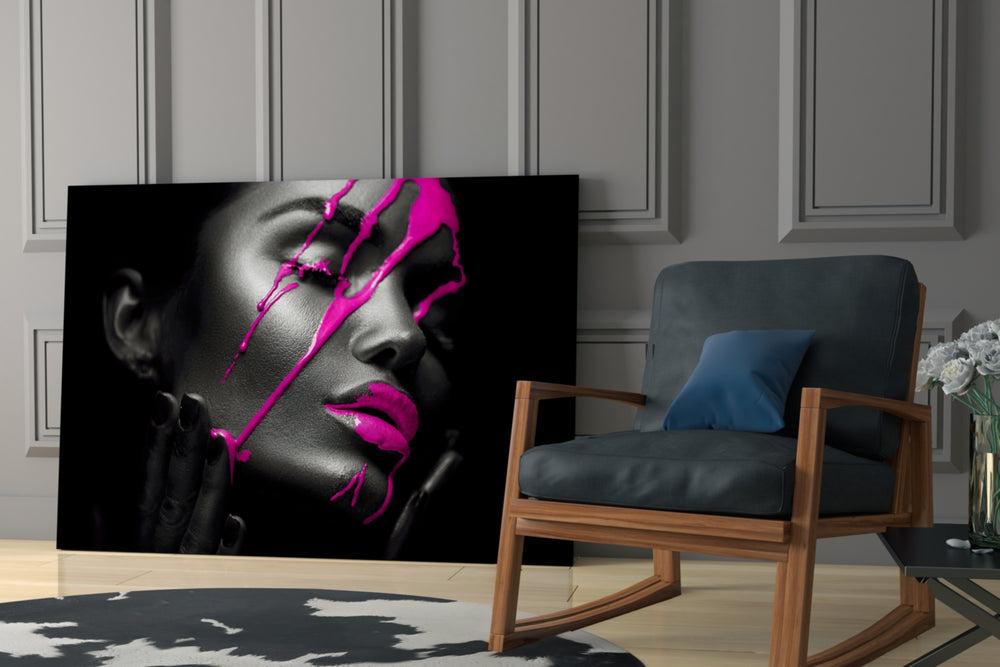 Purple Woman glass print enhancing a foyer with editorial drama