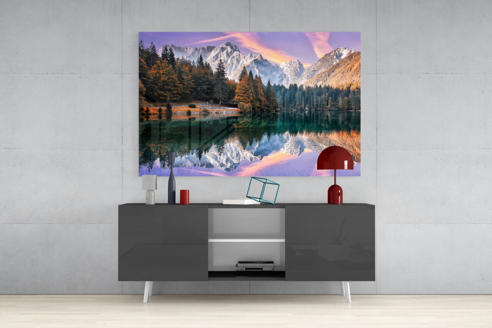 Lake Fusine panel catching gallery light to reveal its tactile stillness