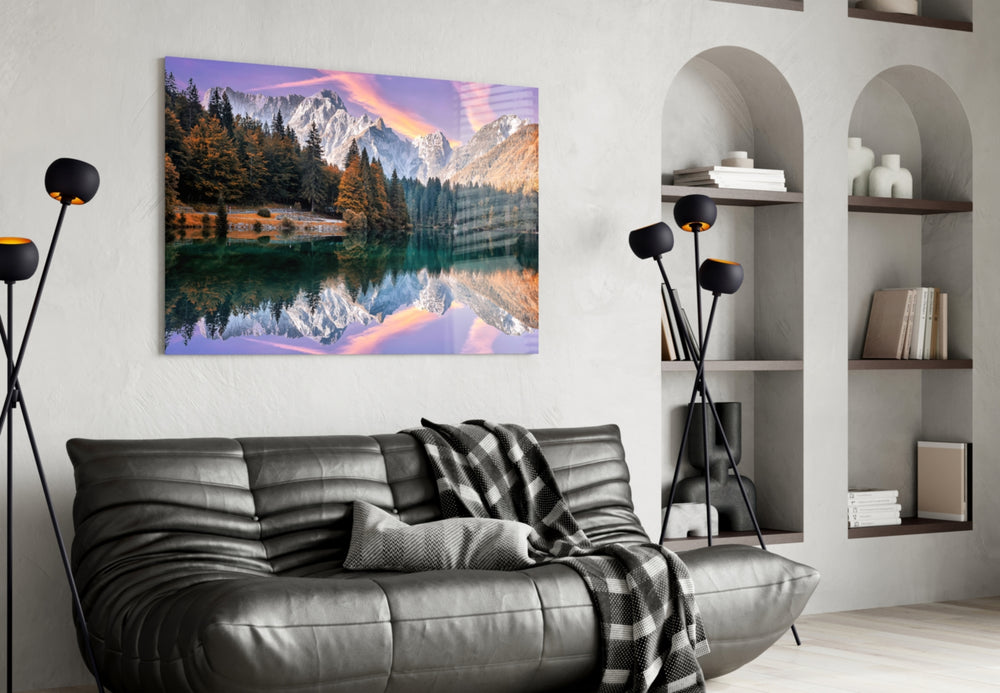 Lake Fusine glass wall art styled above a sofa in a living room