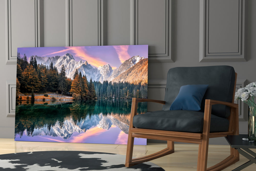 Lake Fusine glass print enhancing a foyer with editorial drama