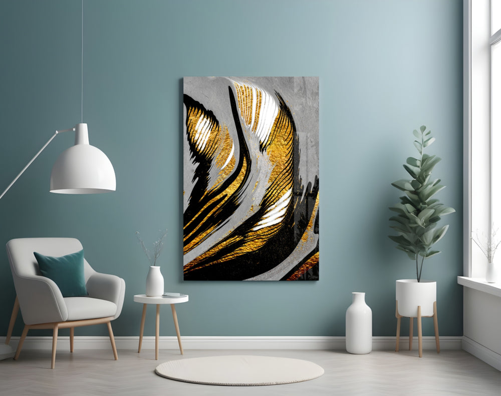 Gold Wave glass wall art styled above a sofa in a living room