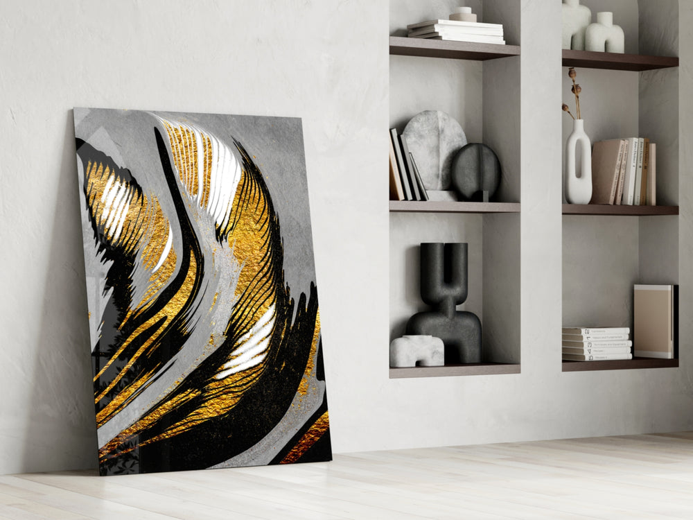 Gold Wave glass print enhancing a master bedroom with editorial drama