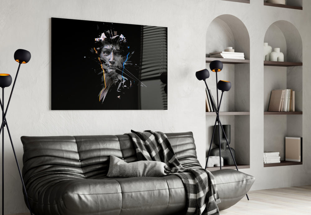 Shattered Bust glass wall art styled above a desk in a creative office