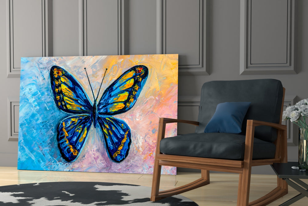 Butterfly glass print enhancing a foyer with editorial drama