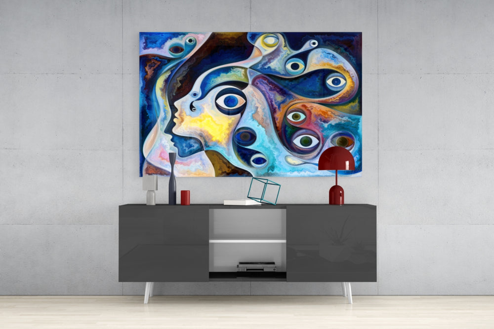 Eyes panel catching gallery light to reveal its tactile swirl