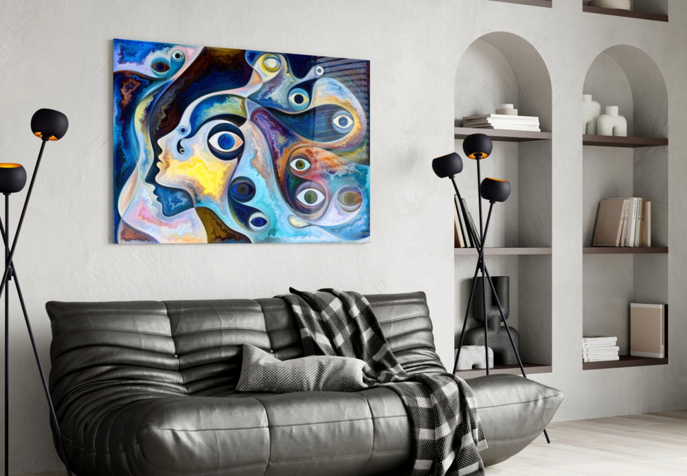 Eyes glass wall art styled above a desk in a creative office